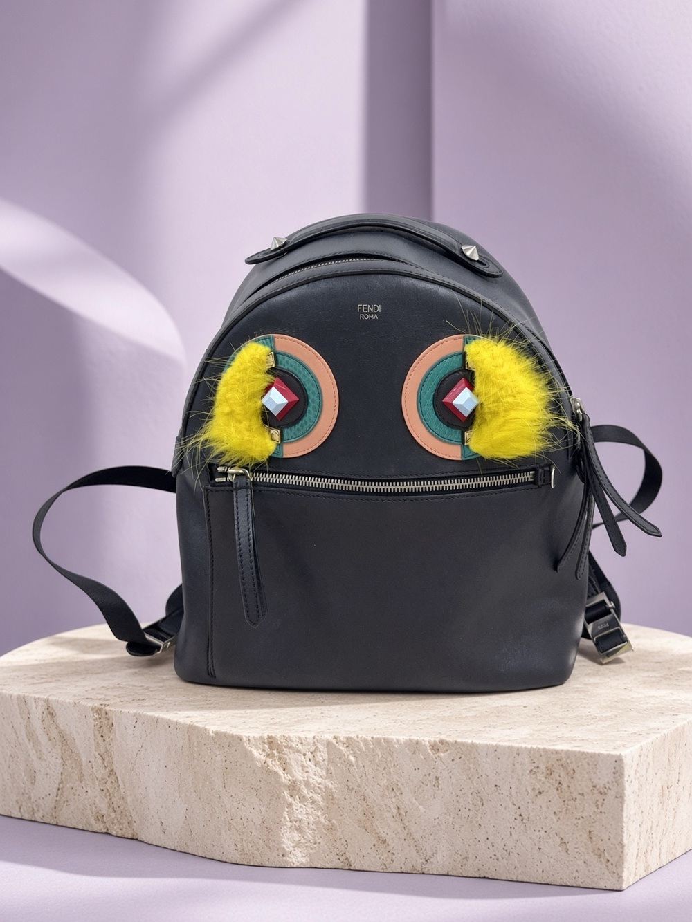 Fendi Black Unisex Leather Backpack with Yellow Fur and Multicolor Appliqués